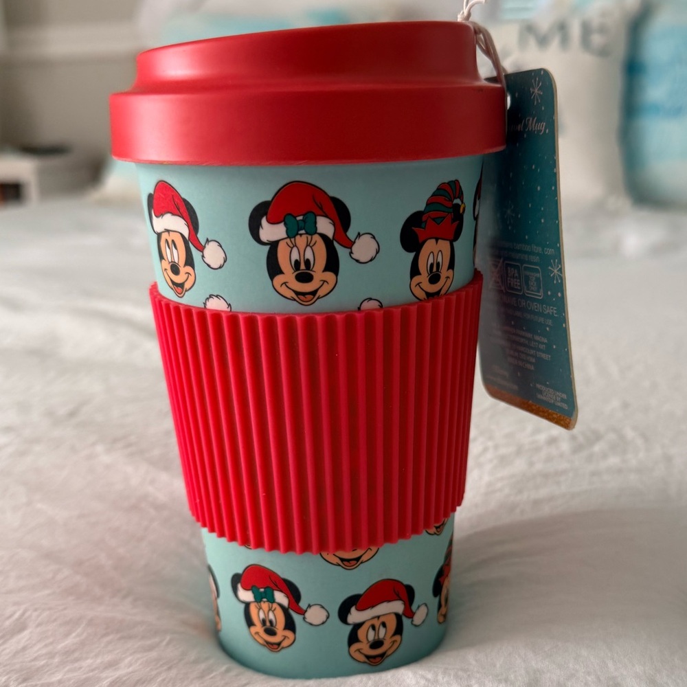 Disney Red & Light Blue Mickey Mouse Holiday Travel Cup- Brand New
